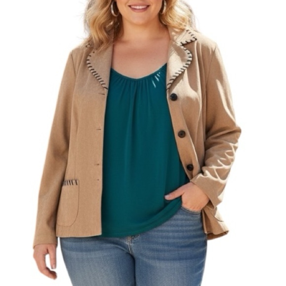 Studio 1940 16W Brown Tan Faux Suede Blazer Jacket Black Whipstitch Trim